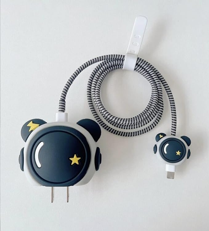 Cute Bear Night Sky Charger Cover & Cable Protector for iPhone – Silicone Charging Adapter Guard Set