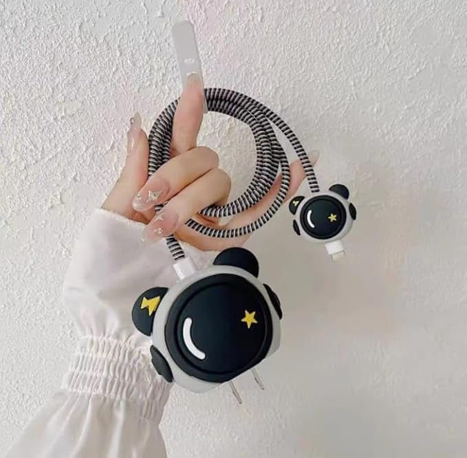 Cute Bear Night Sky Charger Cover & Cable Protector for iPhone – Silicone Charging Adapter Guard Set