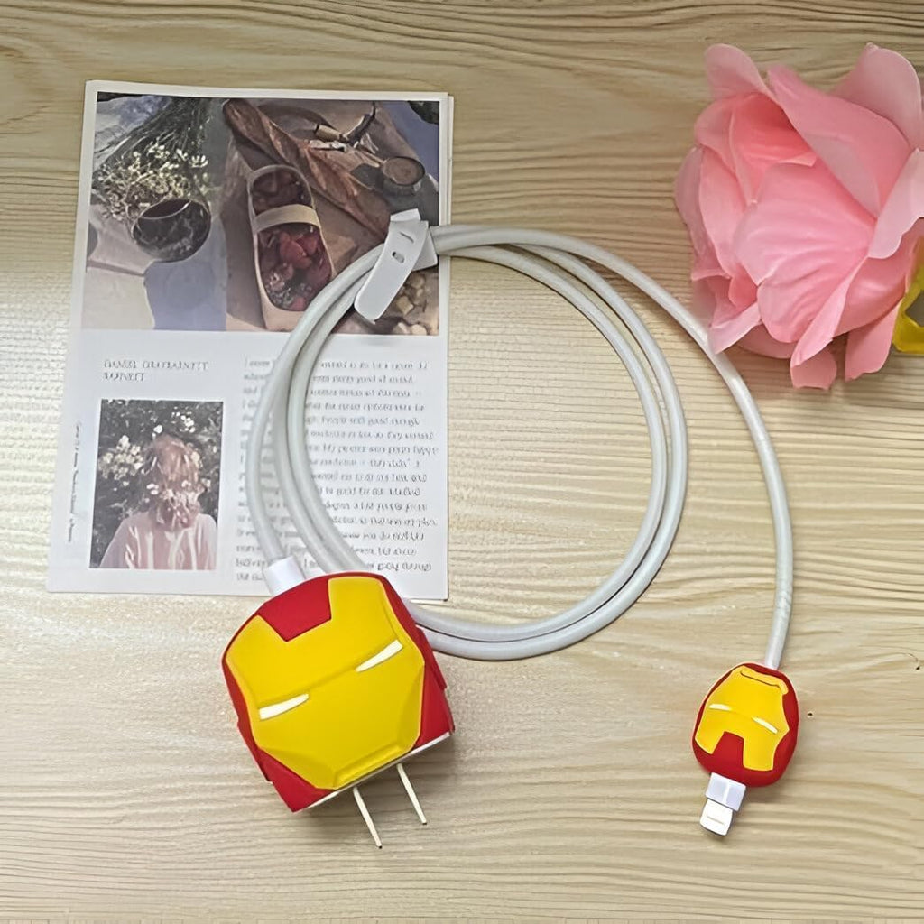 Iron Man Charger Cover & Cable Protector Set – Silicone Shockproof Guard (Iron-man Edition).
