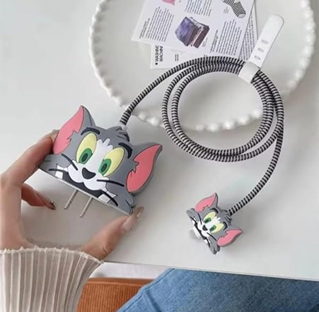 Tom Cartoon Charger Cover & Cable Protector Set for iPhone – Cute Silicone Charging Cable Guard