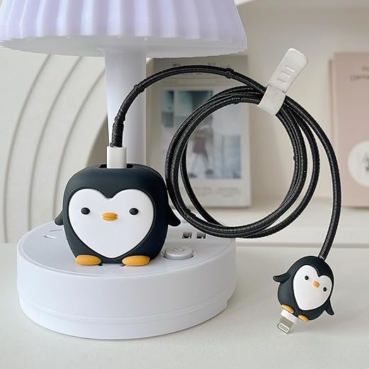 Cute Penguin Charger Cover & Cable Protector Set – Silicone Shockproof Guard (Penguin Edition)