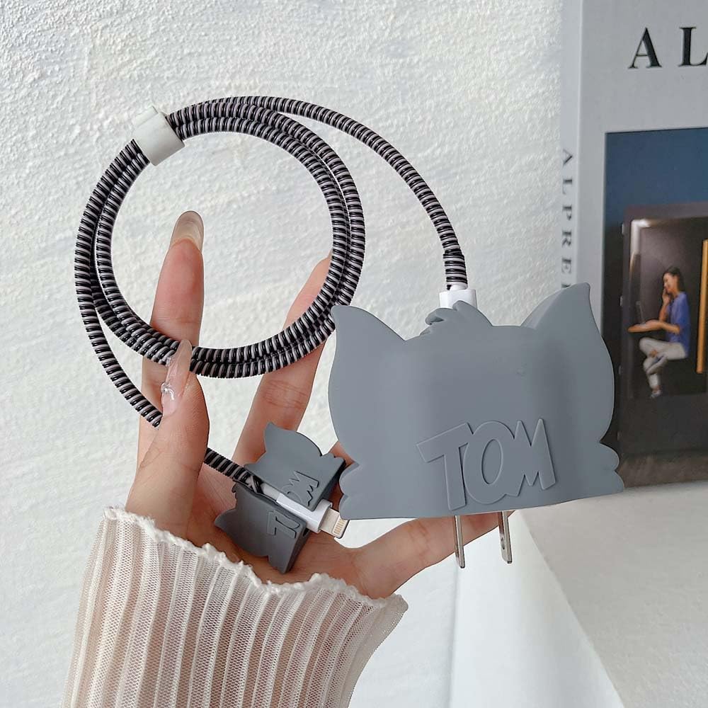 Tom Cartoon Charger Cover & Cable Protector Set for iPhone – Cute Silicone Charging Cable Guard