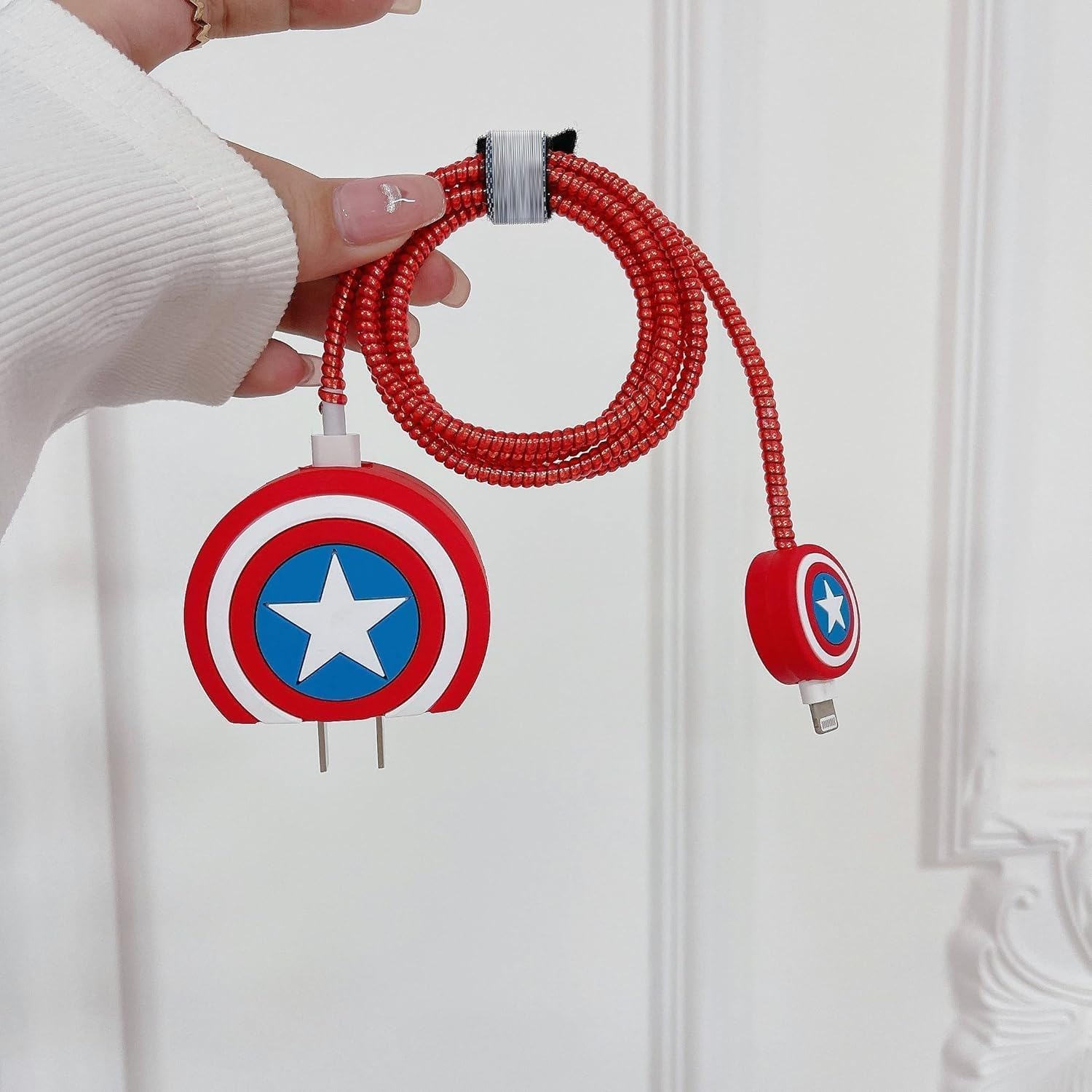 Captain America Shield-Themed Charger Cover & Cable Protector Set – Red & Blue Silicone Guard.