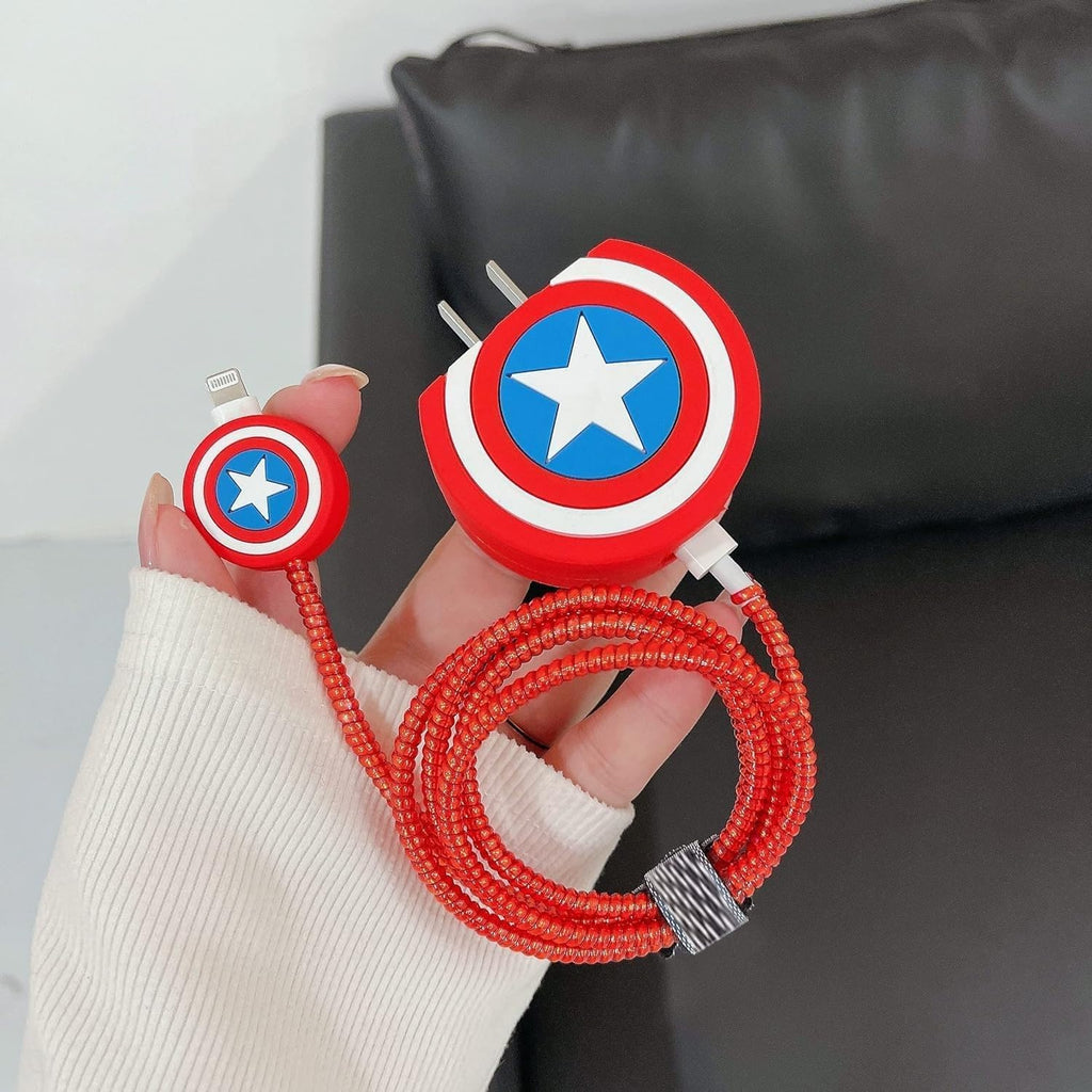 Captain America Shield-Themed Charger Cover & Cable Protector Set – Red & Blue Silicone Guard.