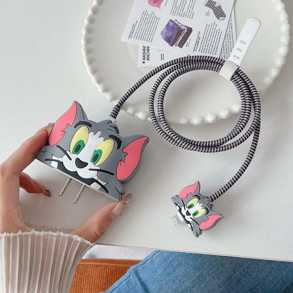 Tom Cartoon Charger Cover & Cable Protector Set for iPhone – Cute Silicone Charging Cable Guard