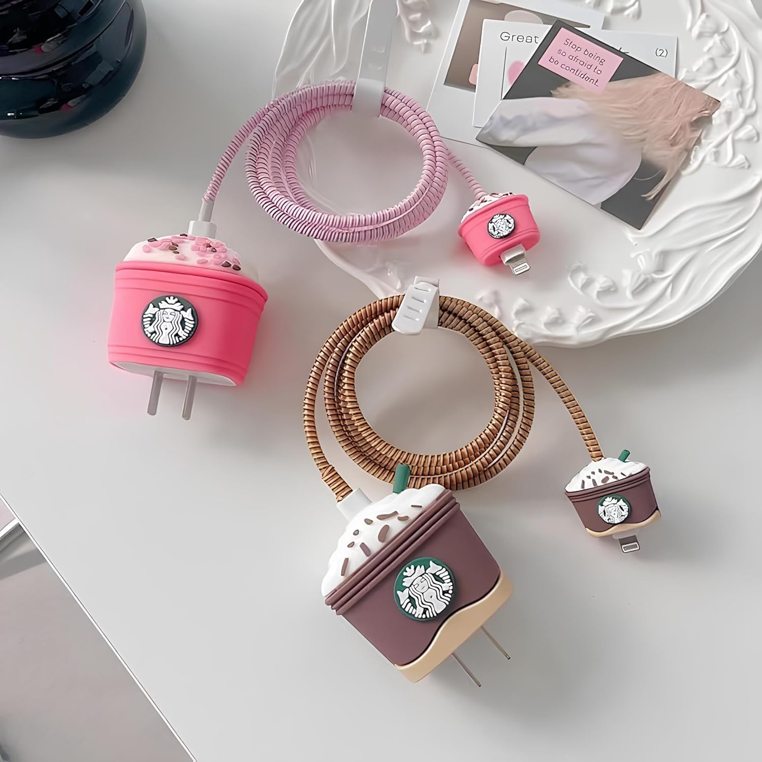 Starbucks Coffee Charger Cover & Cable Protector Set – Silicone Shockproof Guard (STARBUCKS Edition).
