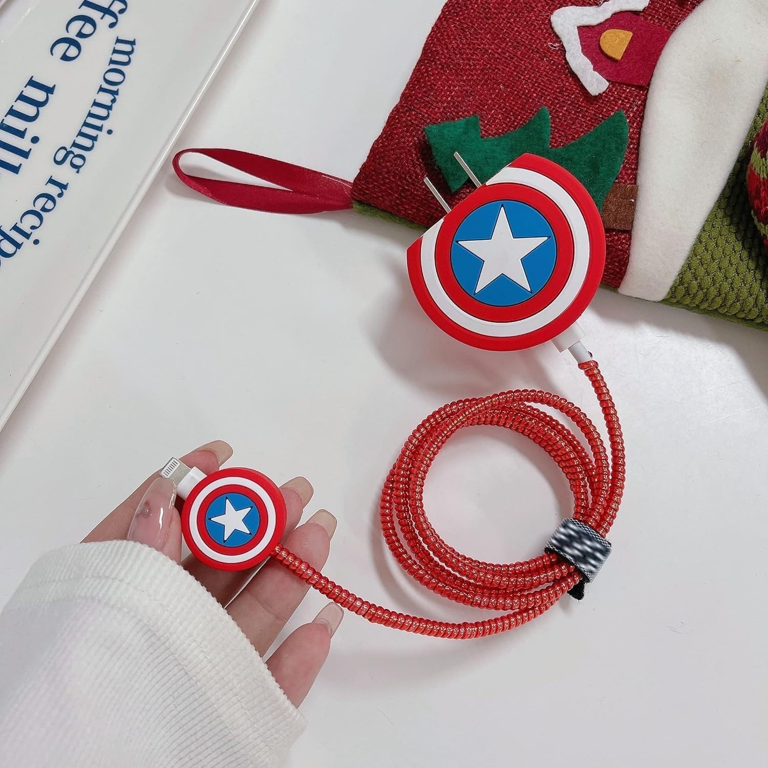 Captain America Shield-Themed Charger Cover & Cable Protector Set – Red & Blue Silicone Guard.