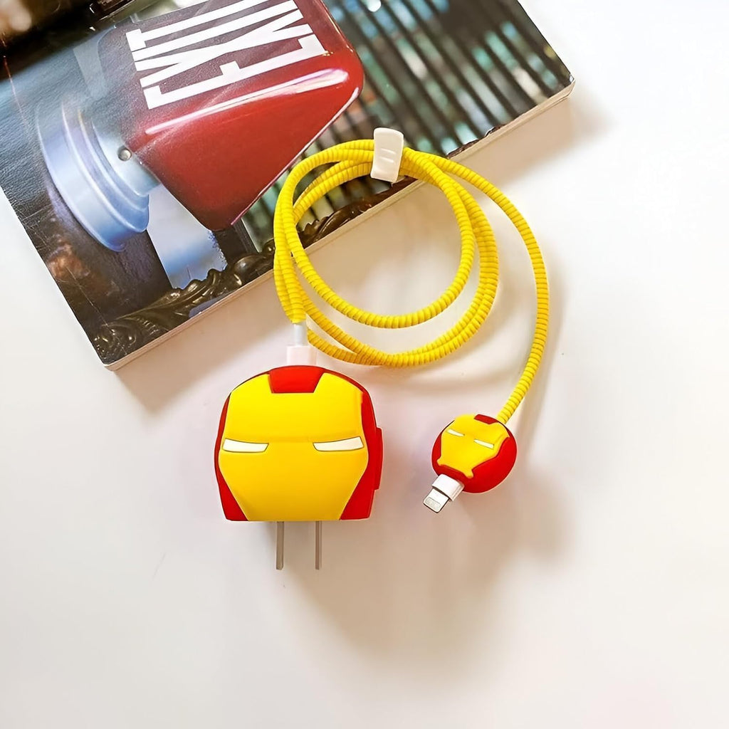 Iron Man Charger Cover & Cable Protector Set – Silicone Shockproof Guard (Iron-man Edition).