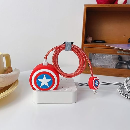 Captain America Shield-Themed Charger Cover & Cable Protector Set – Red & Blue Silicone Guard.