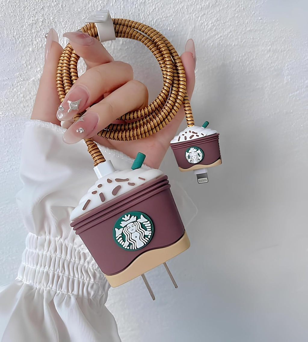 Starbucks Coffee Charger Cover & Cable Protector Set – Silicone Shockproof Guard (STARBUCKS Edition).