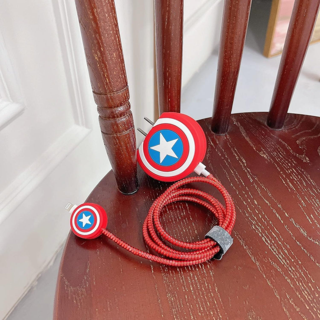 Captain America Shield-Themed Charger Cover & Cable Protector Set – Red & Blue Silicone Guard.